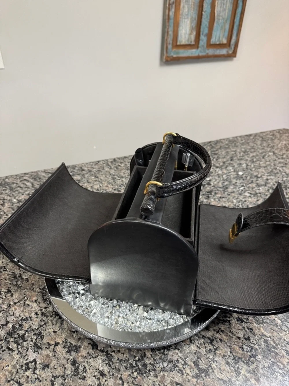 Black Structured Top-Handle Cosmetic Case with Gold Lock
